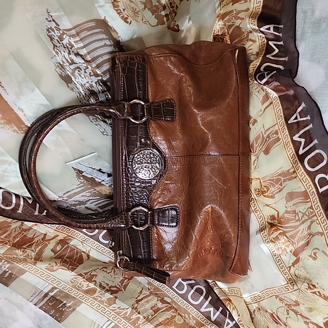 Giani Bernini Brown Leather Reptile Embossed Trim Satchel Handbag